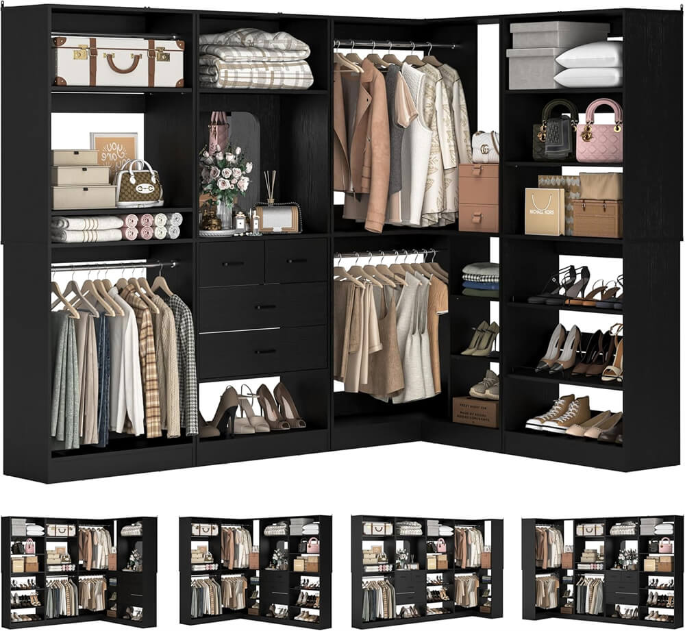 110'' Closet System with 4 Sets, Freestanding Heavy Duty Walk In Closet Organizer Tower with 4 Hanging Rods and 4 Drawers, Max Load 3000 LBS