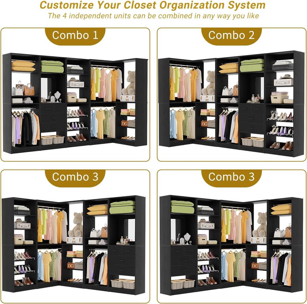 110'' Closet System with 4 Sets, Freestanding Heavy Duty Walk In Closet Organizer Tower with 4 Hanging Rods and 4 Drawers, Max Load 3000 LBS