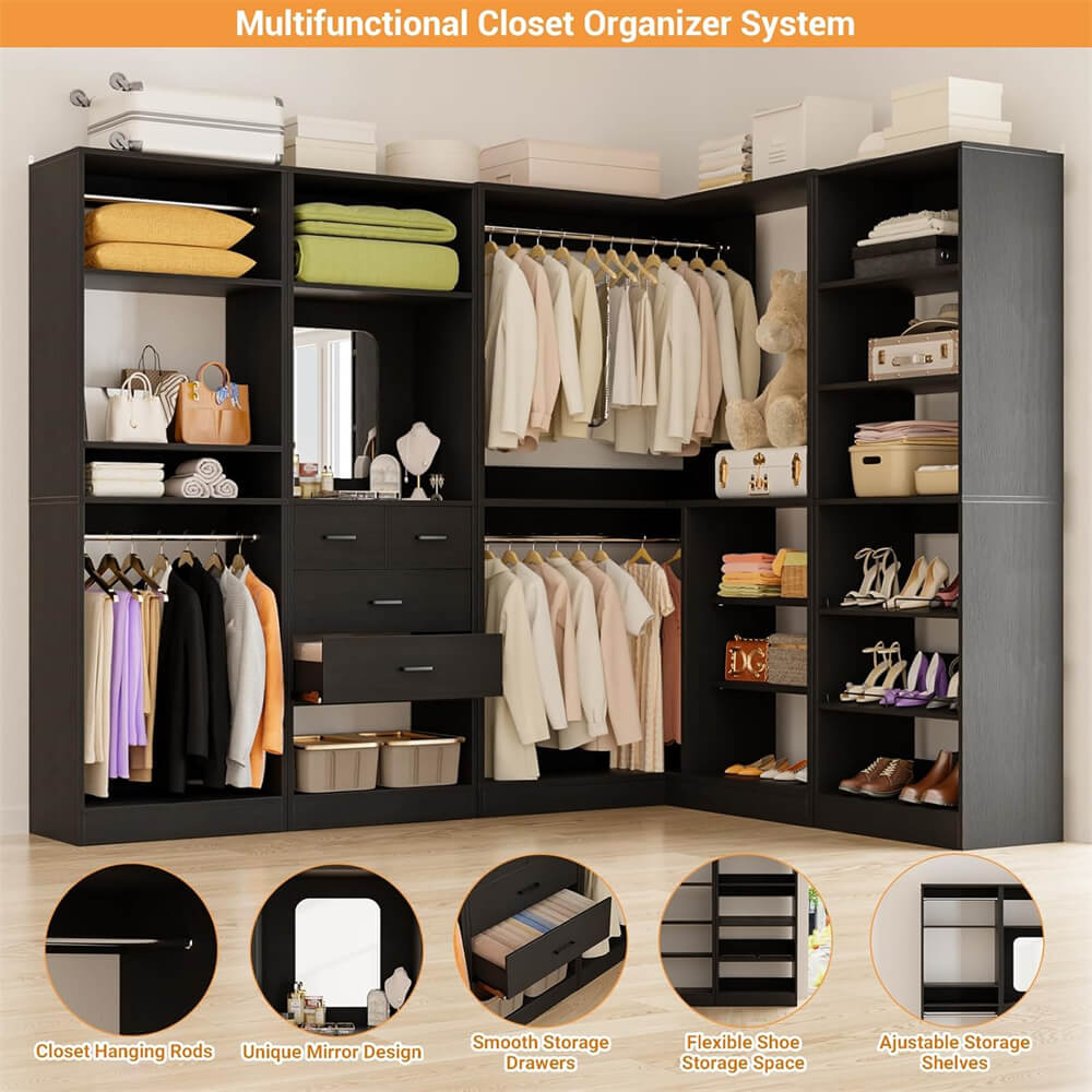 110'' Closet System with 4 Sets, Freestanding Heavy Duty Walk In Closet Organizer Tower with 4 Hanging Rods and 4 Drawers, Max Load 3000 LBS