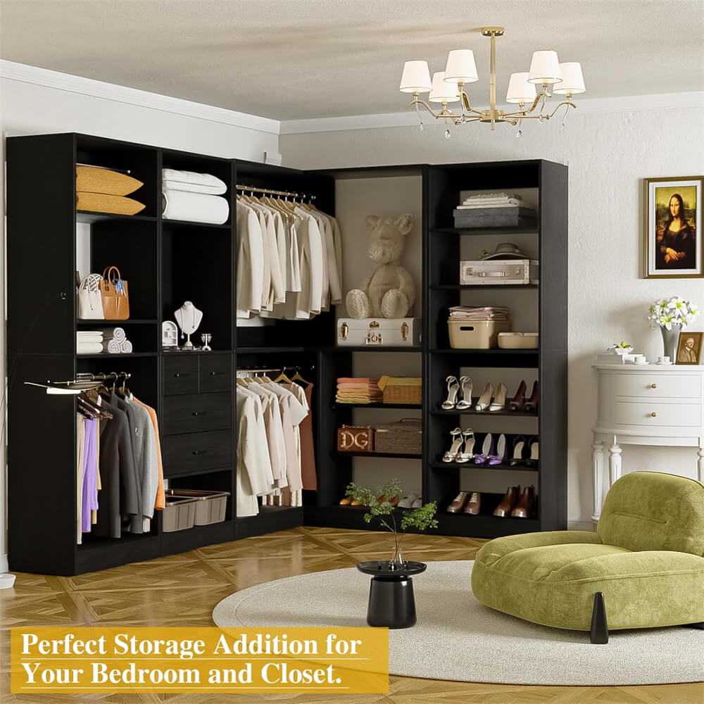 110'' Closet System with 4 Sets, Freestanding Heavy Duty Walk In Closet Organizer Tower with 4 Hanging Rods and 4 Drawers, Max Load 3000 LBS