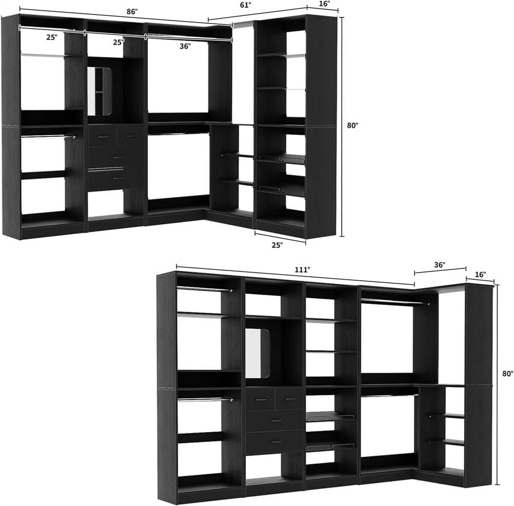 110'' Closet System with 4 Sets, Freestanding Heavy Duty Walk In Closet Organizer Tower with 4 Hanging Rods and 4 Drawers, Max Load 3000 LBS