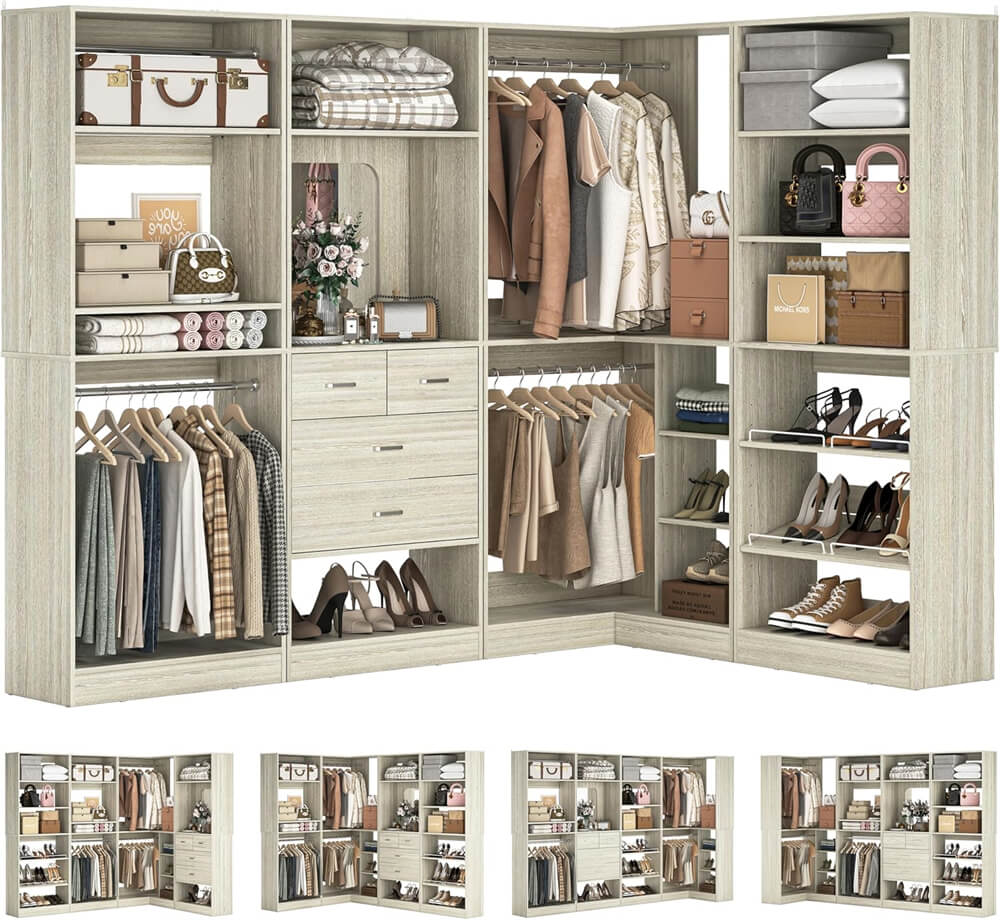110'' Closet System with 4 Sets, Freestanding Heavy Duty Walk In Closet Organizer Tower with 4 Hanging Rods and 4 Drawers, Max Load 3000 LBS