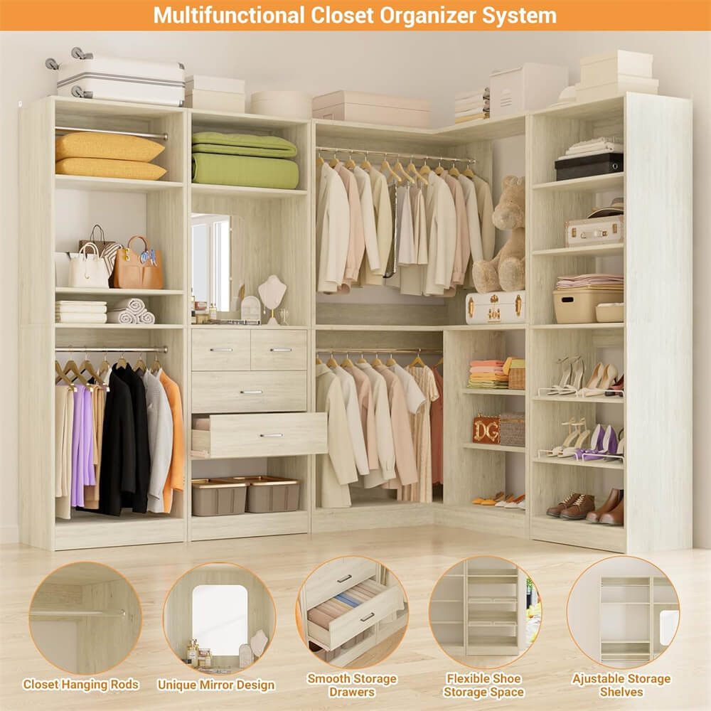 110'' Closet System with 4 Sets, Freestanding Heavy Duty Walk In Closet Organizer Tower with 4 Hanging Rods and 4 Drawers, Max Load 3000 LBS