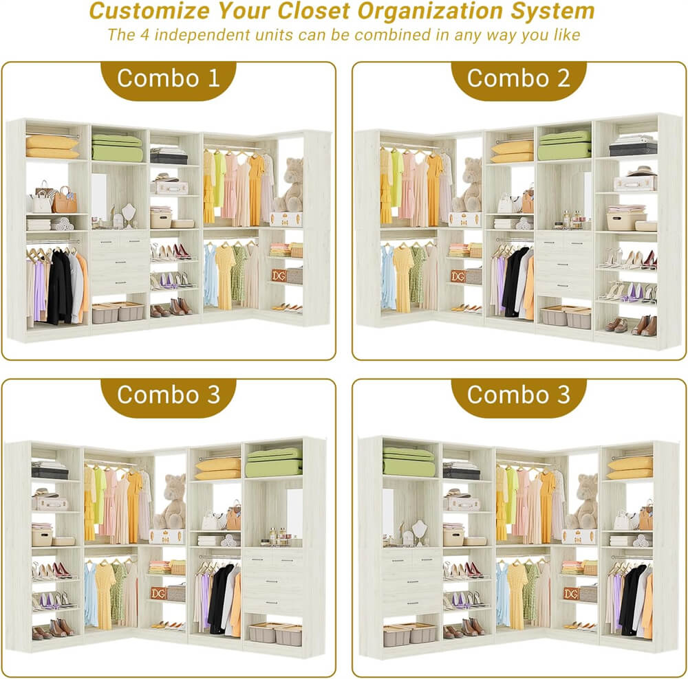 110'' Closet System with 4 Sets, Freestanding Heavy Duty Walk In Closet Organizer Tower with 4 Hanging Rods and 4 Drawers, Max Load 3000 LBS