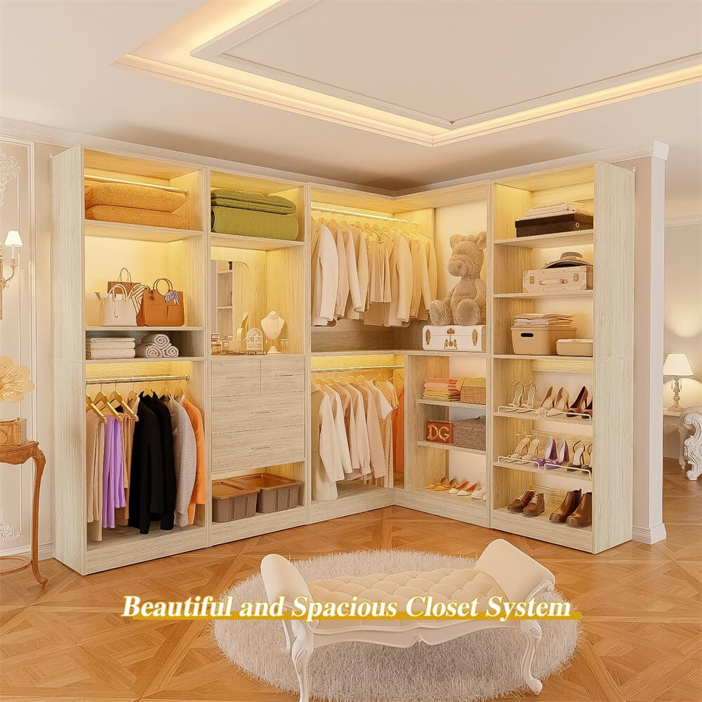 110'' Closet System with 4 Sets, Freestanding Heavy Duty Walk In Closet Organizer Tower with 4 Hanging Rods and 4 Drawers, Max Load 3000 LBS