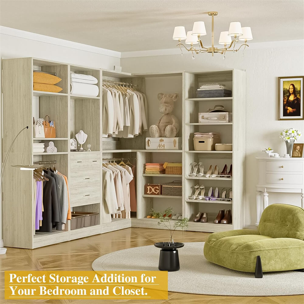 110'' Closet System with 4 Sets, Freestanding Heavy Duty Walk In Closet Organizer Tower with 4 Hanging Rods and 4 Drawers, Max Load 3000 LBS