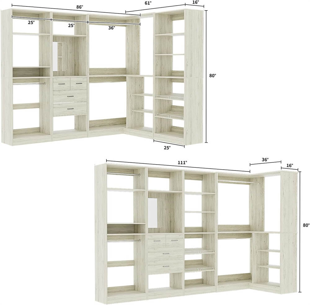 110'' Closet System with 4 Sets, Freestanding Heavy Duty Walk In Closet Organizer Tower with 4 Hanging Rods and 4 Drawers, Max Load 3000 LBS