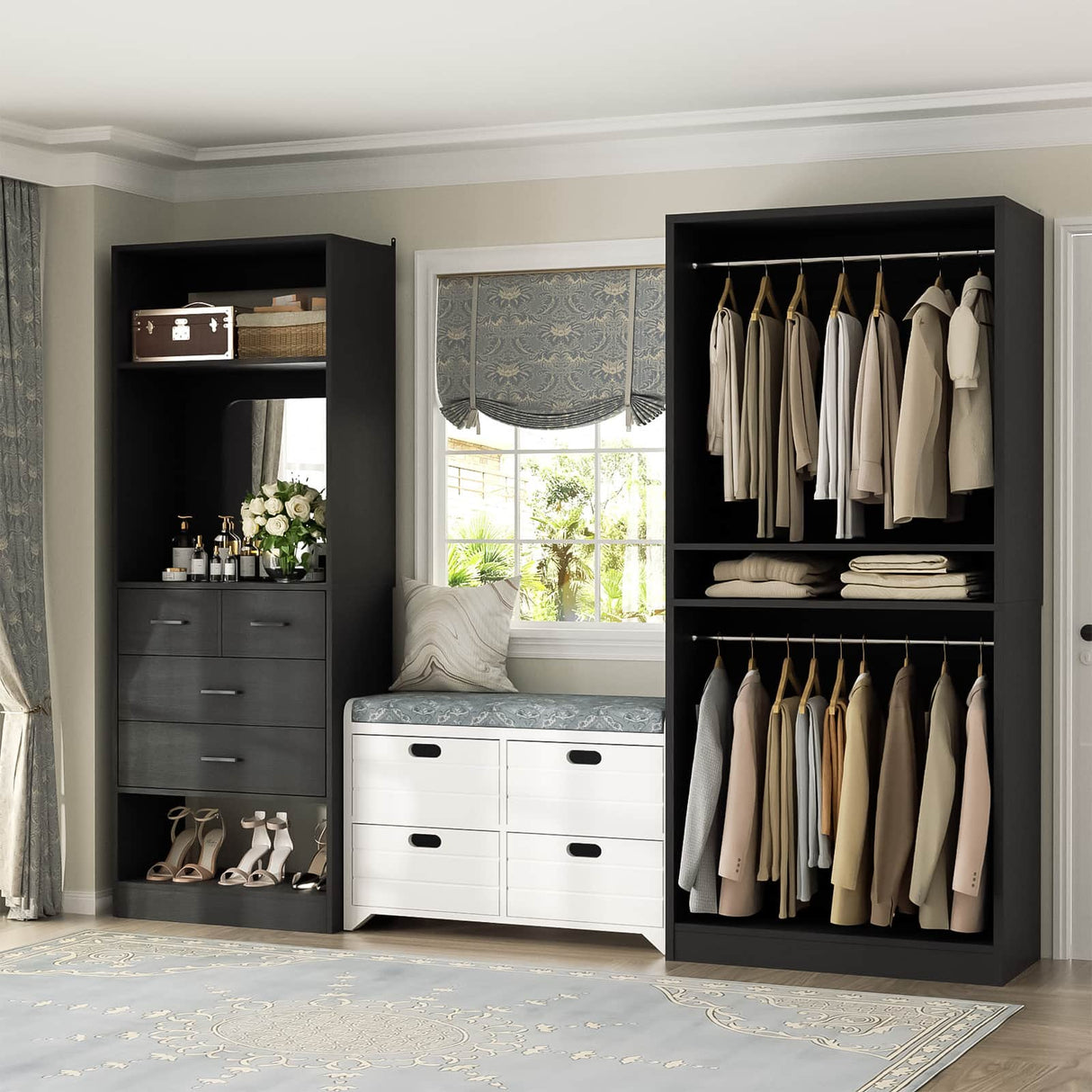 2-Piece Closet System with Mirror & Drawers, Walk-in Closet Organizer with Adjustable Shelves & Hanging Rods