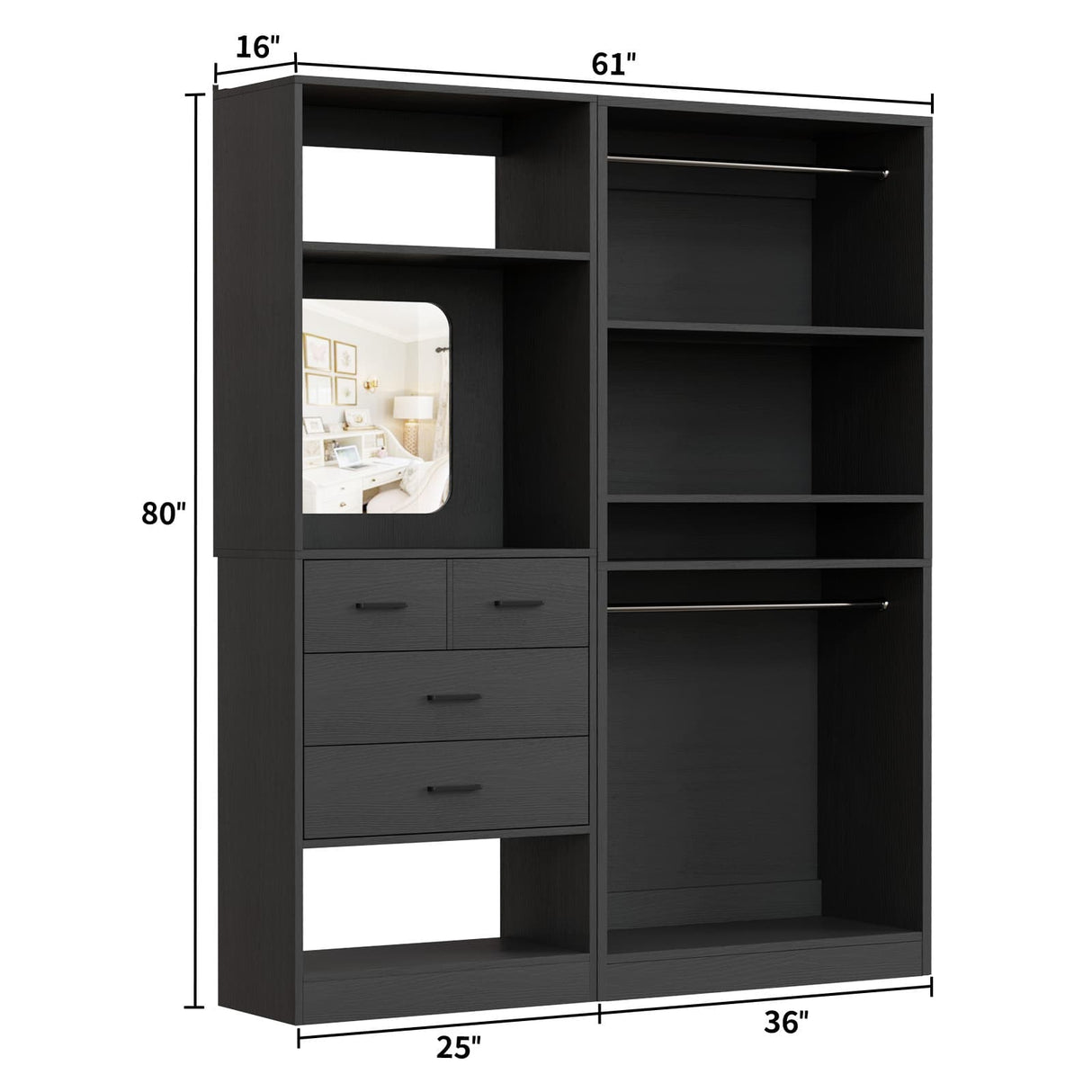 2-Piece Closet System with Mirror & Drawers, Walk-in Closet Organizer with Adjustable Shelves & Hanging Rods