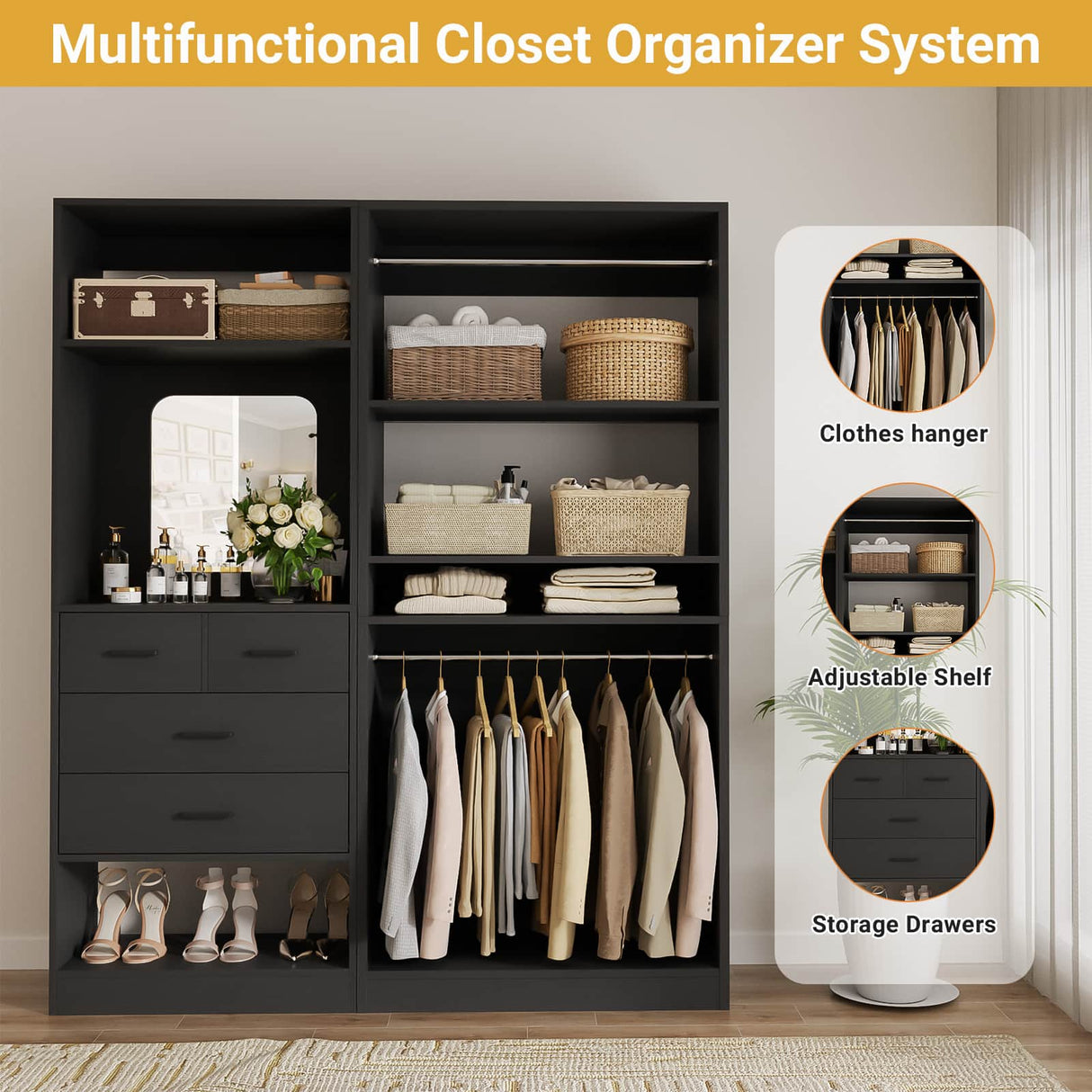 2-Piece Closet System with Mirror & Drawers, Walk-in Closet Organizer with Adjustable Shelves & Hanging Rods