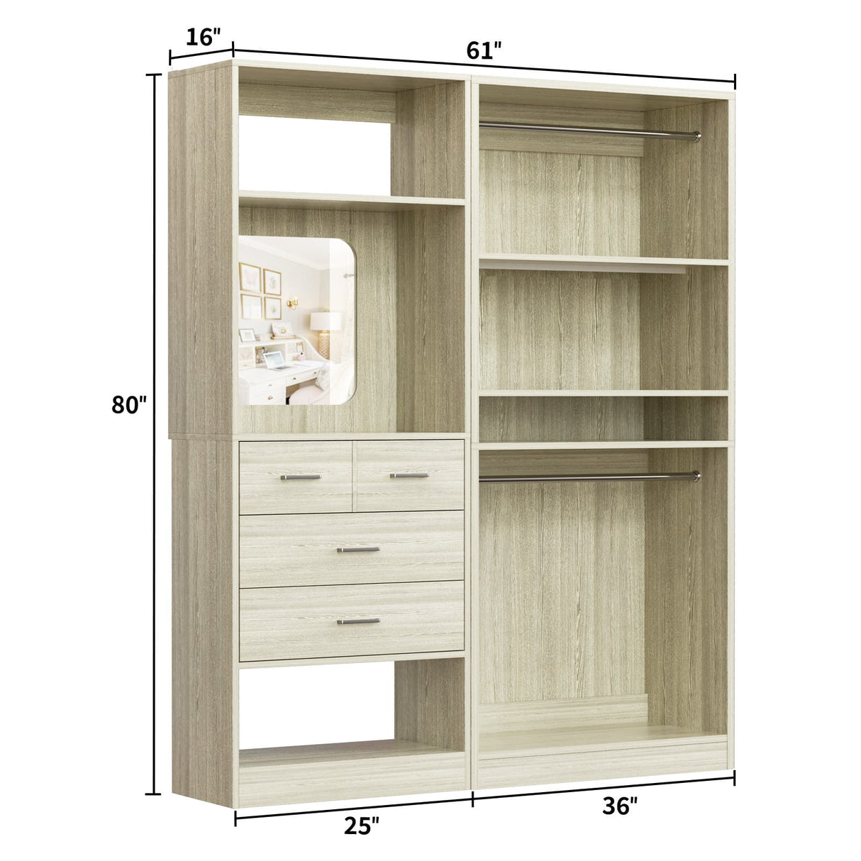 2-Piece Closet System with Mirror & Drawers, Walk-in Closet Organizer with Adjustable Shelves & Hanging Rods