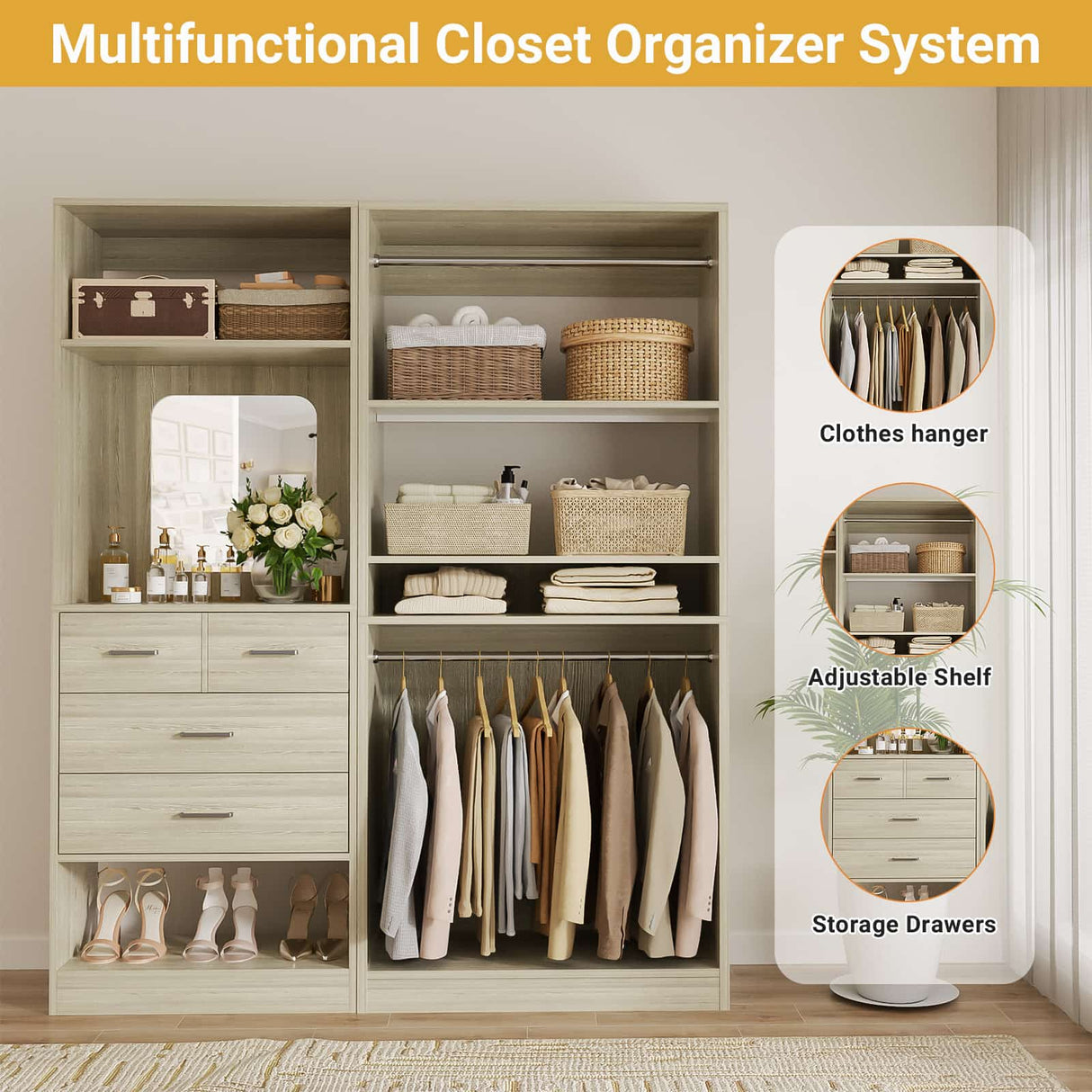 2-Piece Closet System with Mirror & Drawers, Walk-in Closet Organizer with Adjustable Shelves & Hanging Rods