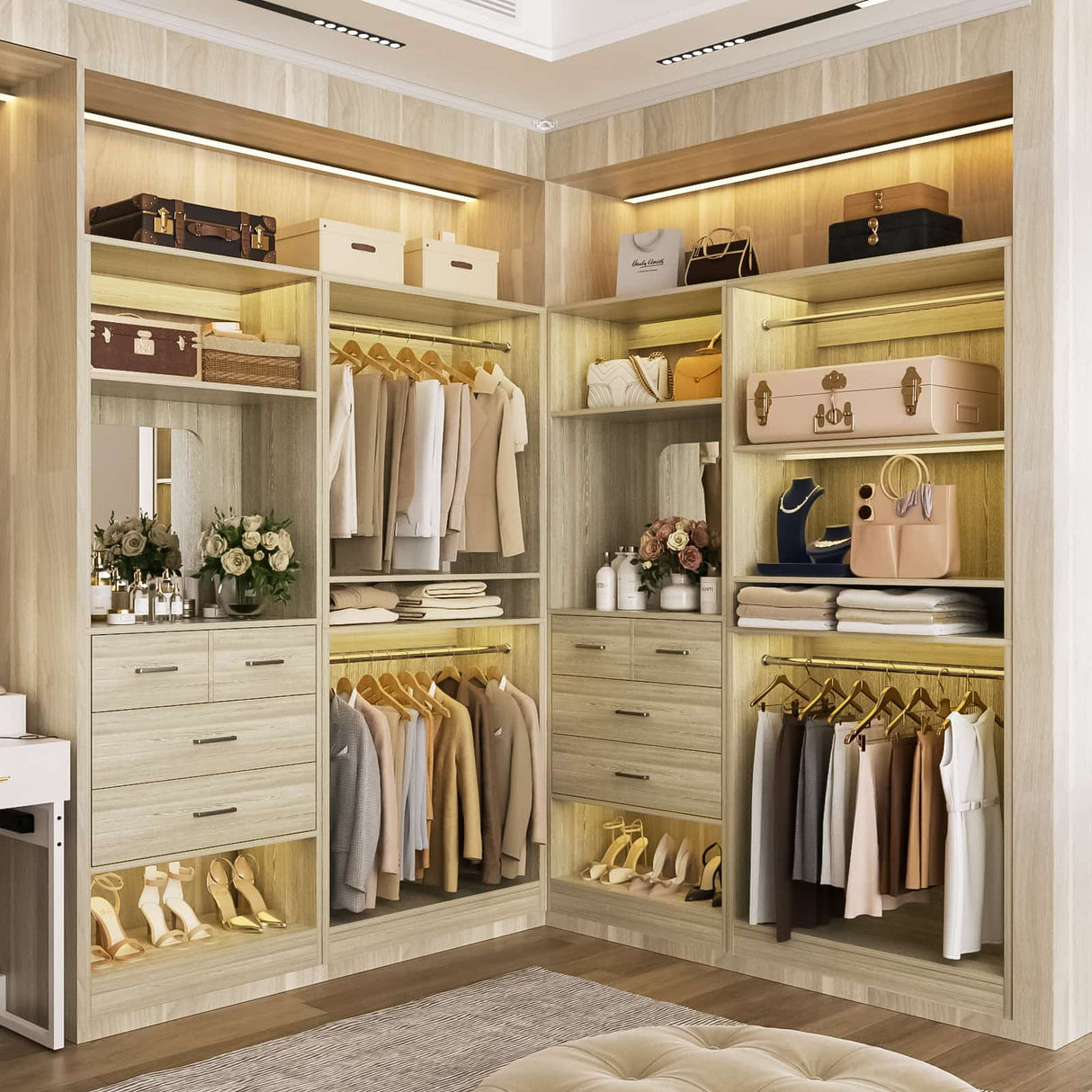 2-Piece Closet System with Mirror & Drawers, Walk-in Closet Organizer with Adjustable Shelves & Hanging Rods