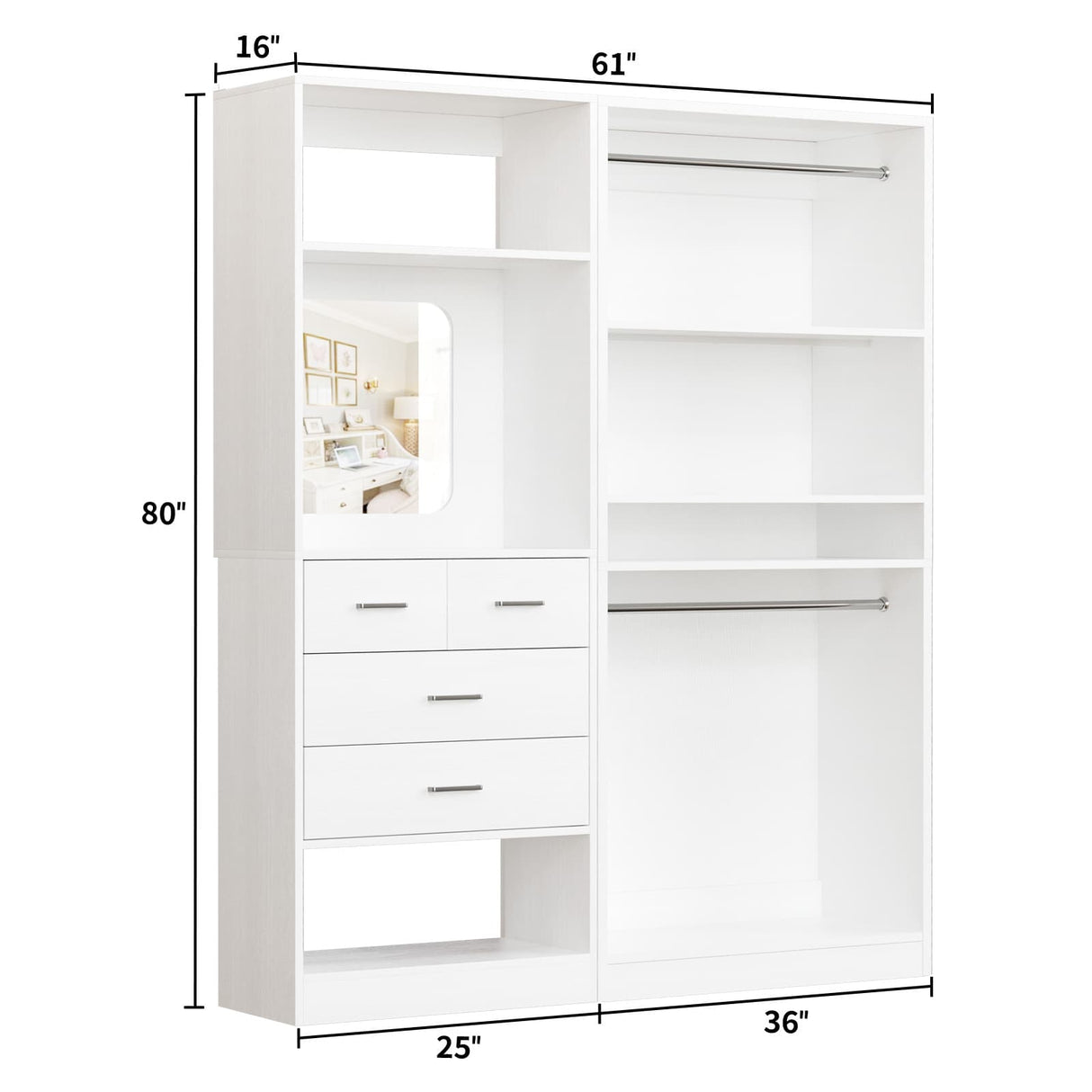 2-Piece Closet System with Mirror & Drawers, Walk-in Closet Organizer with Adjustable Shelves & Hanging Rods