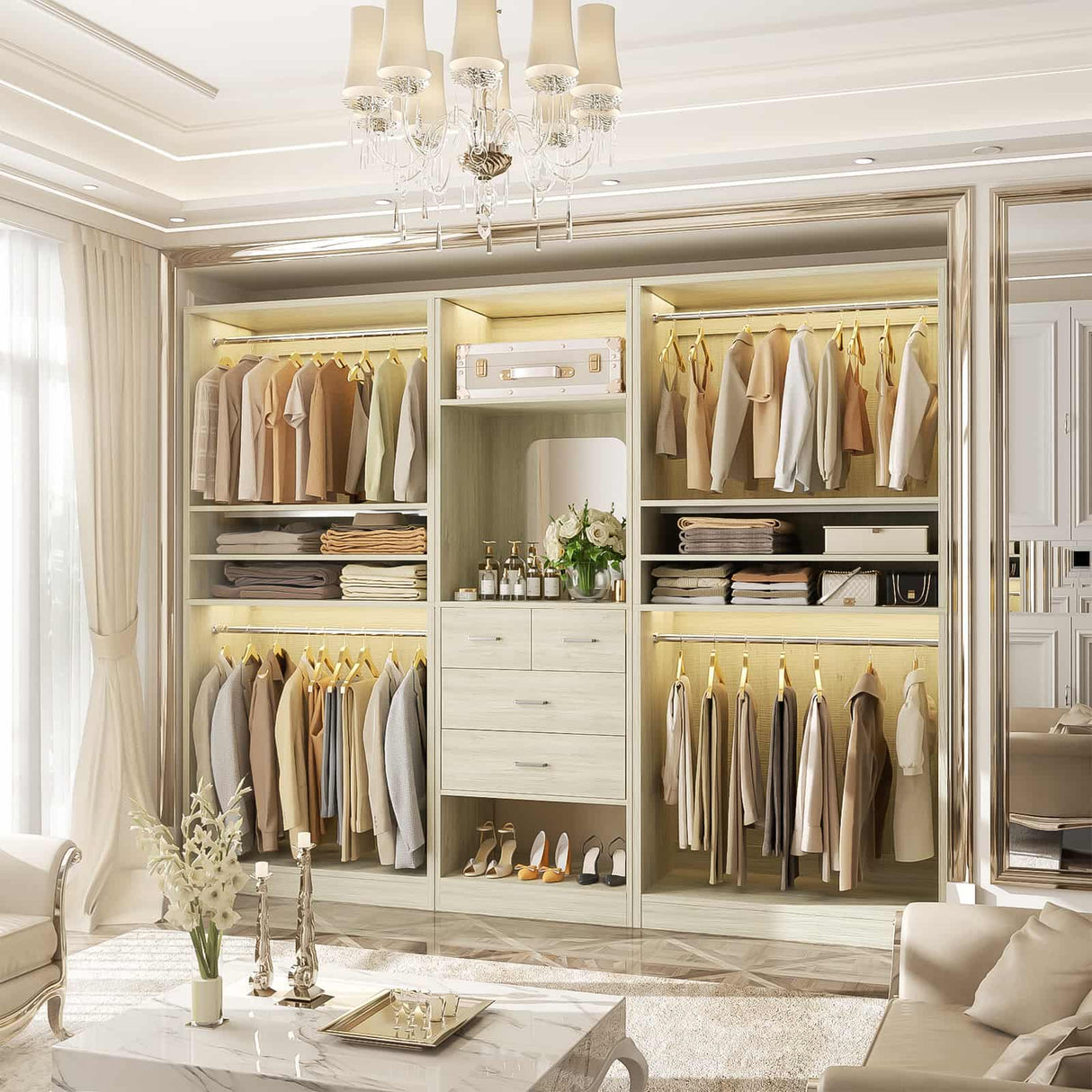 98” Closet System with Mirror & 4 Drawers, 8.2FT Heavy Duty Wood Closet Organizer with 4 Hanging Rods