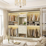 98” Closet System with Mirror & 4 Drawers, 8.2FT Heavy Duty Wood Closet Organizer with 4 Hanging Rods