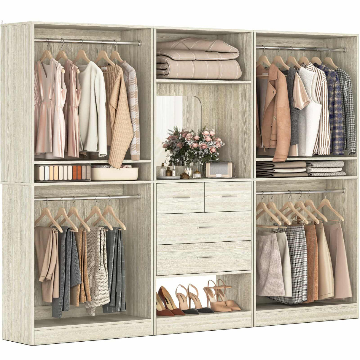 98” Closet System with Mirror & 4 Drawers, 8.2FT Heavy Duty Wood Closet Organizer with 4 Hanging Rods