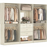 98” Closet System with Mirror & 4 Drawers, 8.2FT Heavy Duty Wood Closet Organizer with 4 Hanging Rods