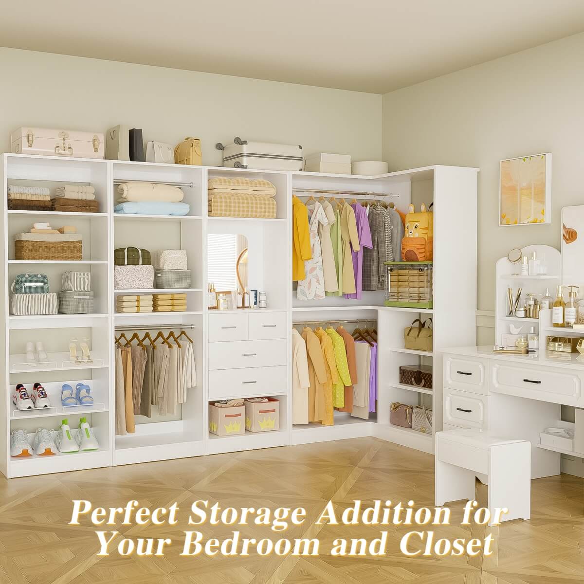 110'' Closet System with 4 Sets, Freestanding Heavy Duty Walk In Closet Organizer Tower with 4 Hanging Rods and 4 Drawers, Max Load 3000 LBS
