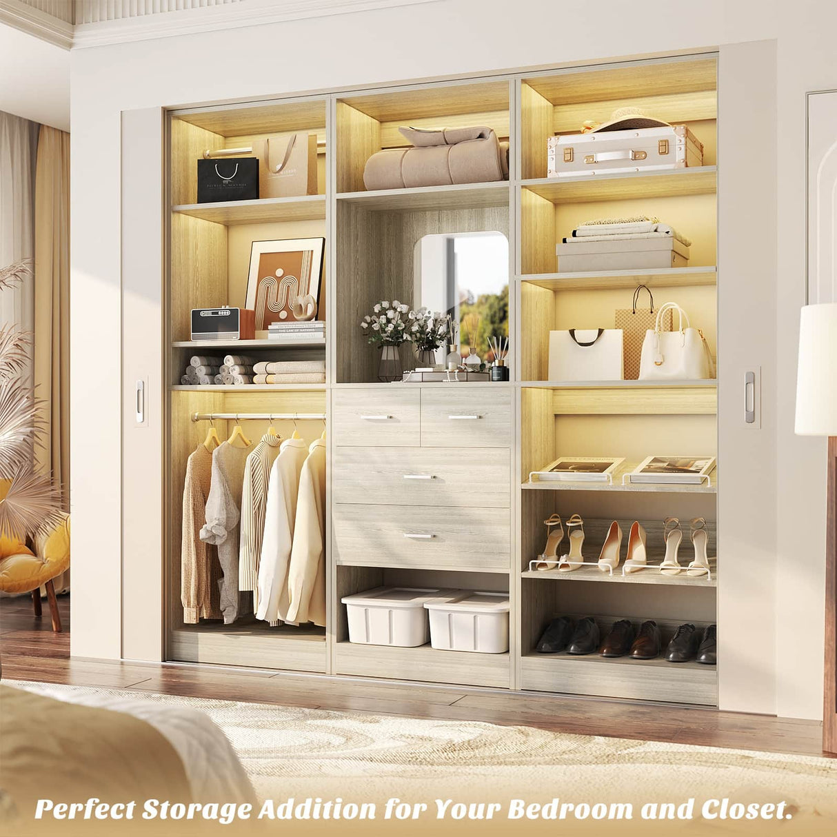 75" Closet Organizer System with Mirror, Wood Closets Organizer with Hanging Rods and Drawers