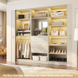 75" Closet Organizer System with Mirror, Wood Closets Organizer with Hanging Rods and Drawers