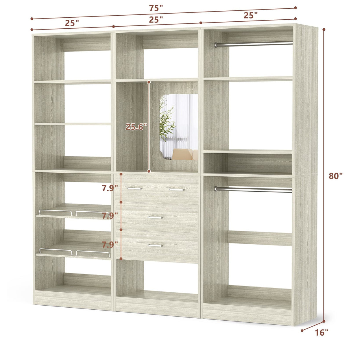 75" Closet Organizer System with Mirror, Wood Closets Organizer with Hanging Rods and Drawers