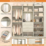 75" Closet Organizer System with Mirror, Wood Closets Organizer with Hanging Rods and Drawers