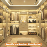 75" Closet Organizer System with Mirror, Wood Closets Organizer with Hanging Rods and Drawers