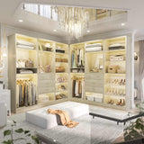 75" Closet Organizer System with Mirror, Wood Closets Organizer with Hanging Rods and Drawers