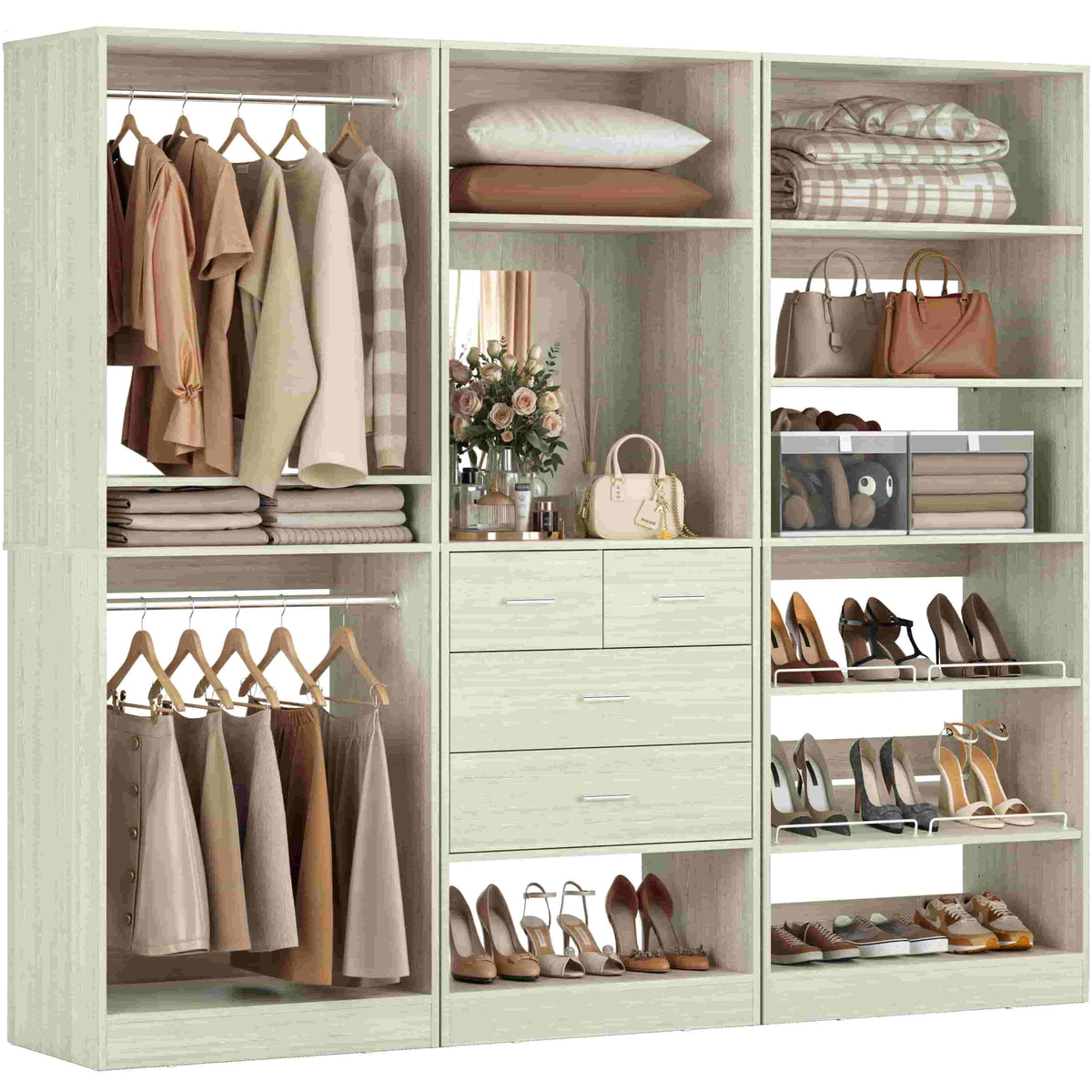 75" Closet Organizer System with Mirror, Wood Closets Organizer with Hanging Rods and Drawers