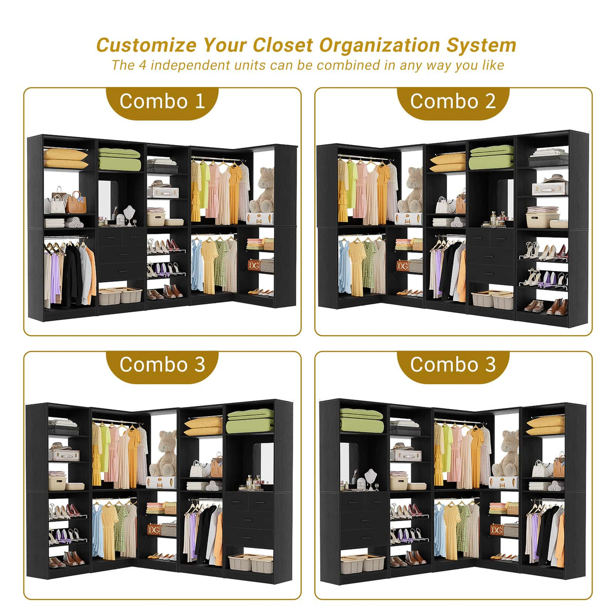 110” Closet System with Drawers, Corner Closet Organizer with 4 Hanging Rods and Mirror Design