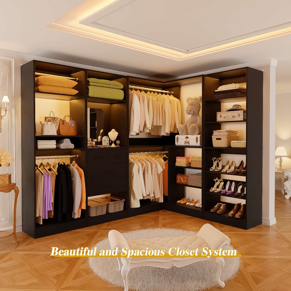 110” Closet System with Drawers, Corner Closet Organizer with 4 Hanging Rods and Mirror Design
