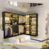 110” Closet System with Drawers, Corner Closet Organizer with 4 Hanging Rods and Mirror Design