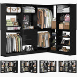 110” Closet System with Drawers, Corner Closet Organizer with 4 Hanging Rods and Mirror Design