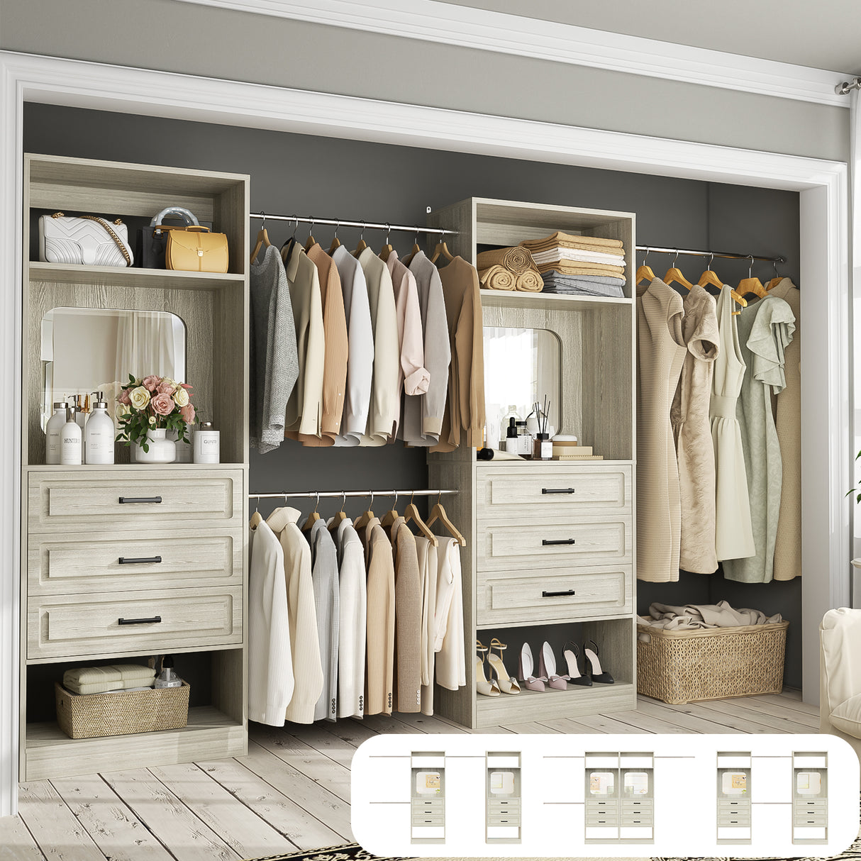 Unikito Closet System with 6 Drawers, 6-14Ft Closet Organizer with 3 Hanging Rods and Mirror