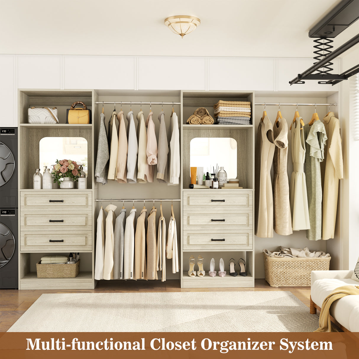 Unikito Closet System with 6 Drawers, 6-14Ft Closet Organizer with 3 Hanging Rods and Mirror