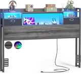 Full Size Bookcase Headboard with Storage Drawers, Power Outlets, and RGB LED Light, for Full Bed