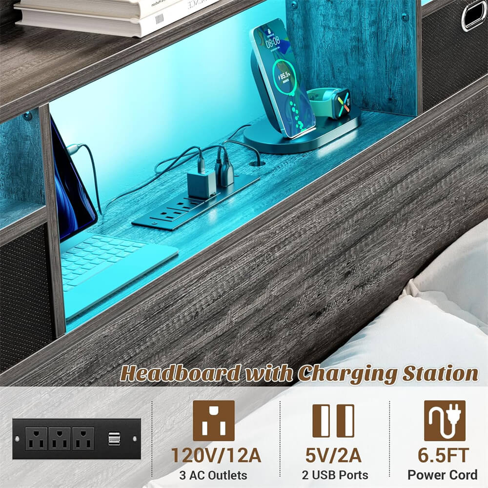 Full Size Bookcase Headboard with Storage Drawers, Power Outlets, and RGB LED Light, for Full Bed