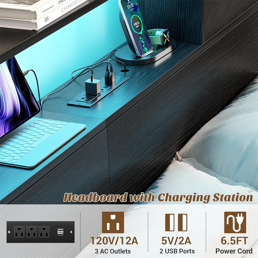 Queen Size Headboard with Drawers, LED Light, Bookcase Headboard with Power Outlet for Queen Size Bed