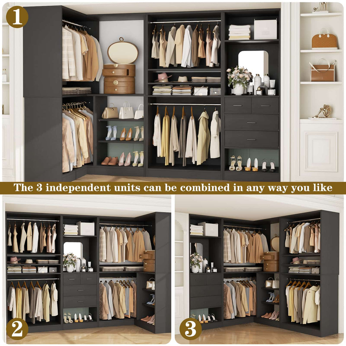 97" Large Modular Closet System, 2500LBS Heavy Duty Wood Wardrobe with 4 Hanging Rods