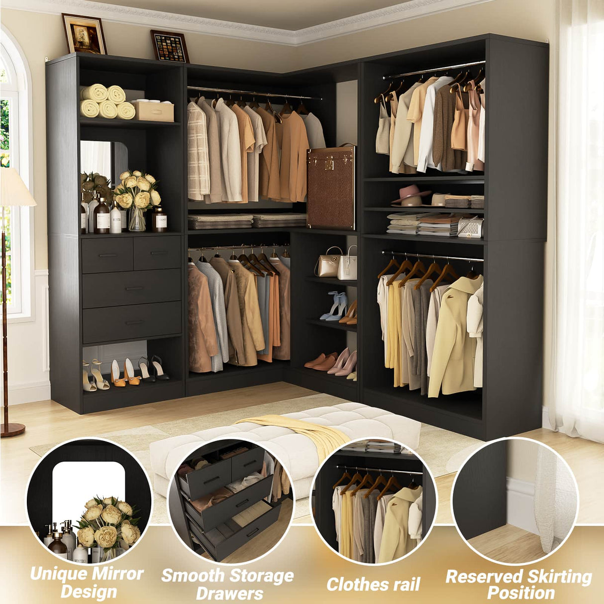 97" Large Modular Closet System, 2500LBS Heavy Duty Wood Wardrobe with 4 Hanging Rods