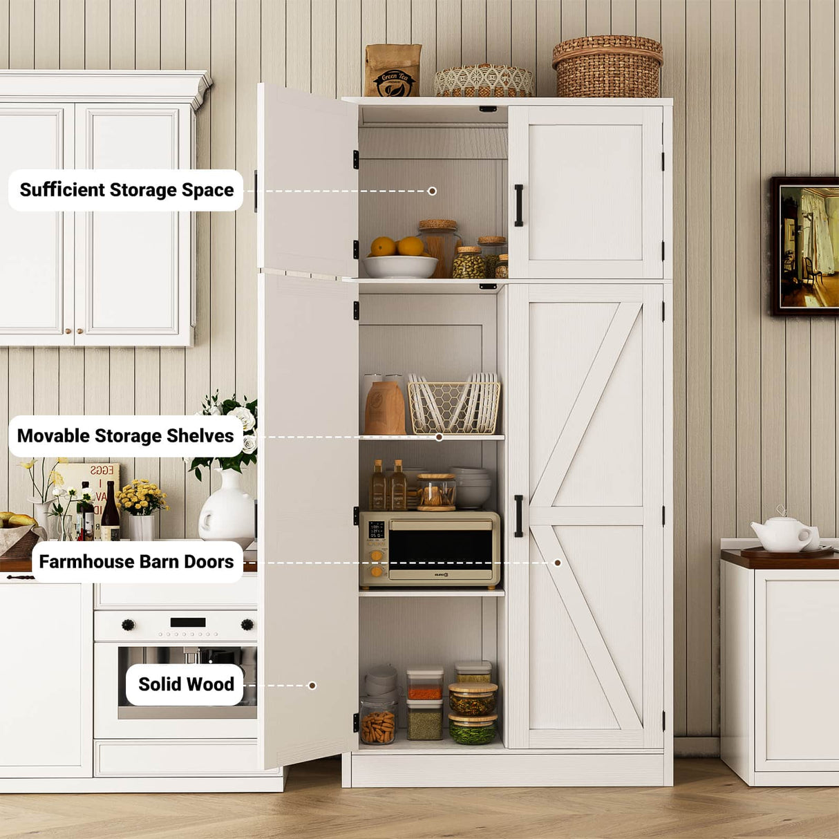 71” Tall Storage Cabinet, Farmhouse Kitchen Pantry Cabinet with Adjustable Shelves and Barn Doors
