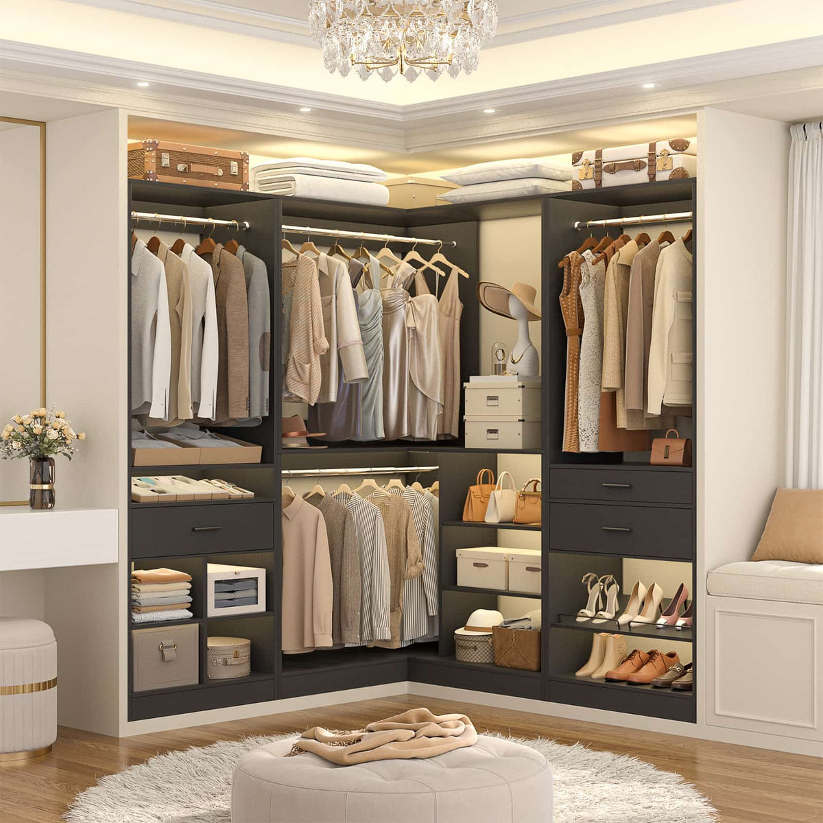 86" Corner Closet System, Modular Closets Organizer with 4 Hanging Rods and Storage Shelves