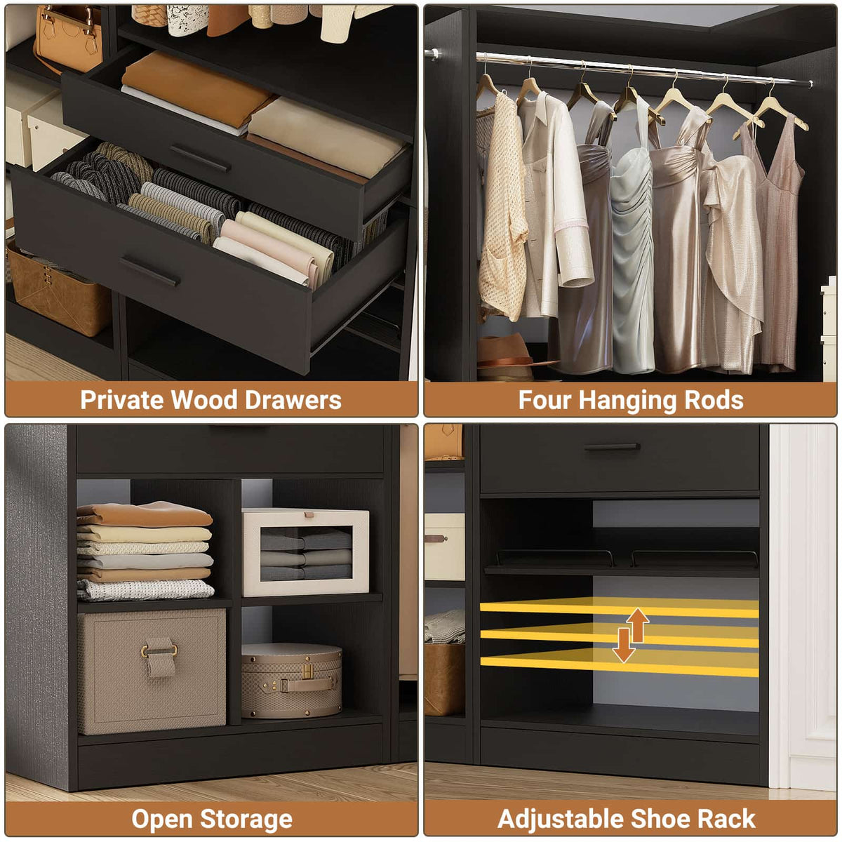 86" Corner Closet System, Modular Closets Organizer with 4 Hanging Rods and Storage Shelves