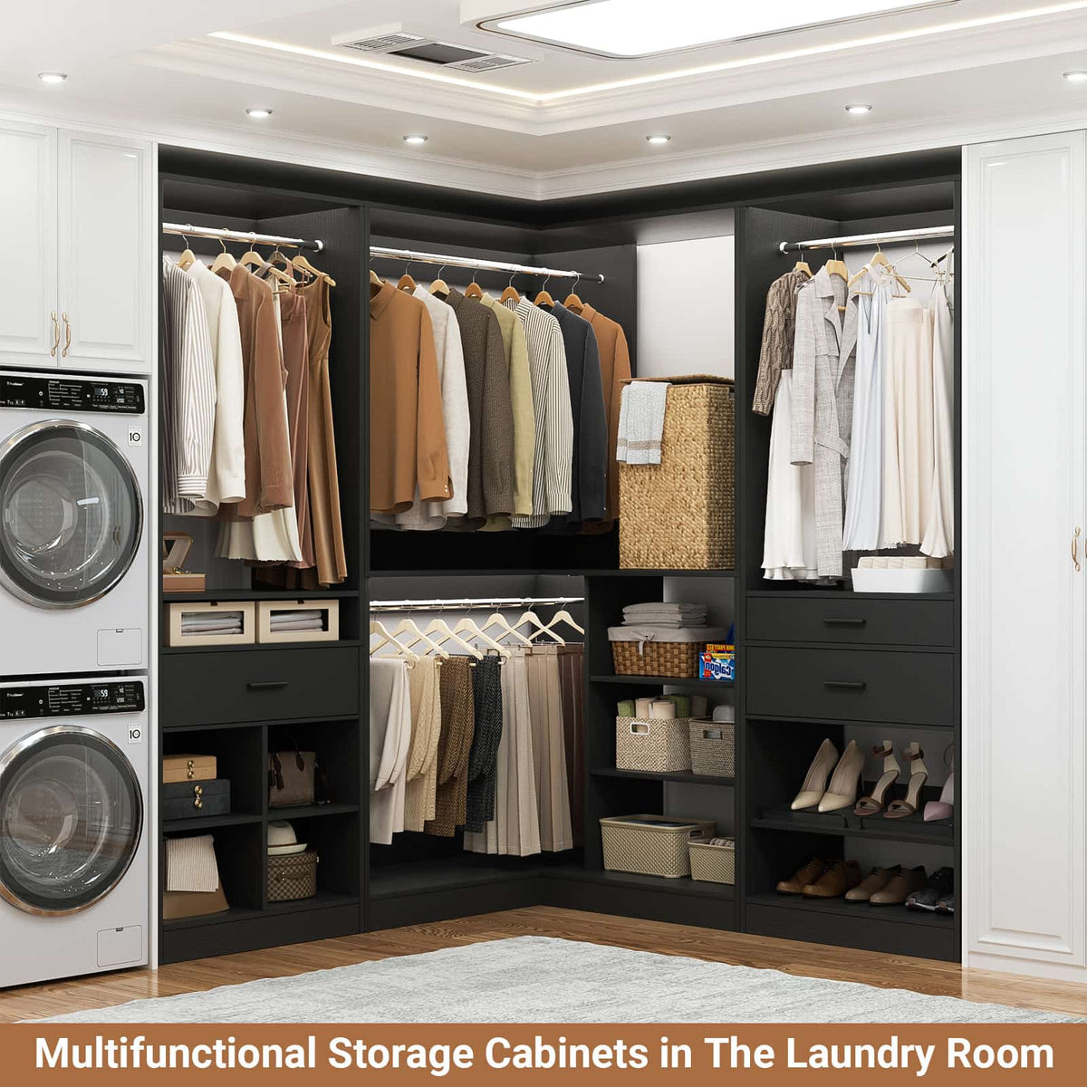 86" Corner Closet System, Modular Closets Organizer with 4 Hanging Rods and Storage Shelves