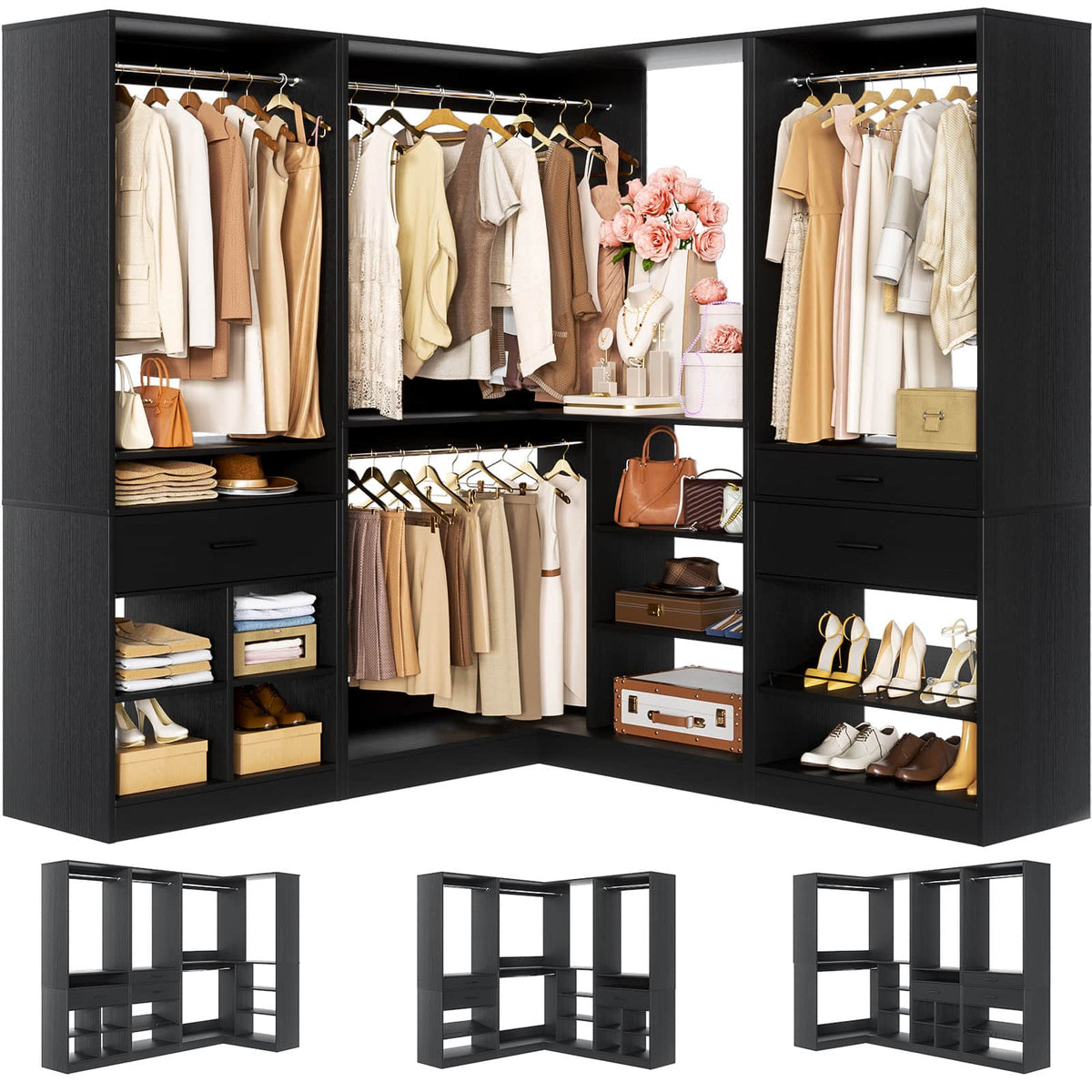 86" Corner Closet System, Modular Closets Organizer with 4 Hanging Rods and Storage Shelves