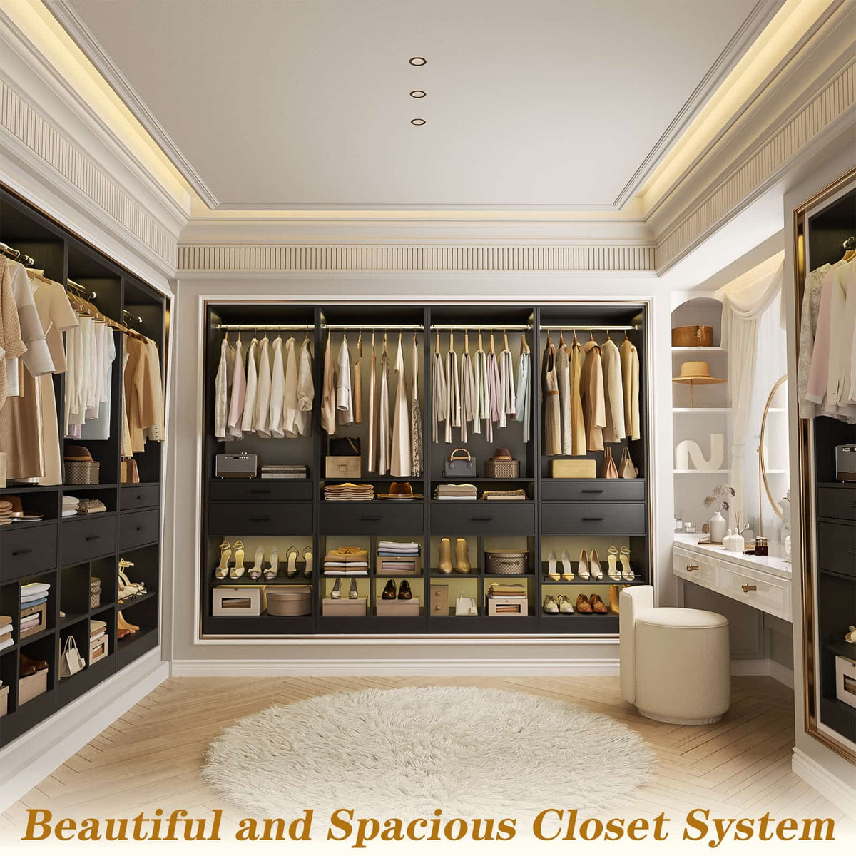 Closet System, 8.3FT Closet Organizer with 6 Wooden Drawers, Hanging Rods, Adjustable Shoe Rack and Cube Storage