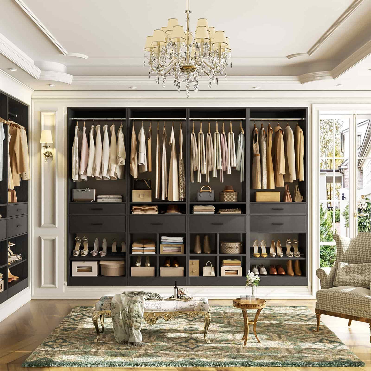 Closet System, 8.3FT Closet Organizer with 6 Wooden Drawers, Hanging Rods, Adjustable Shoe Rack and Cube Storage