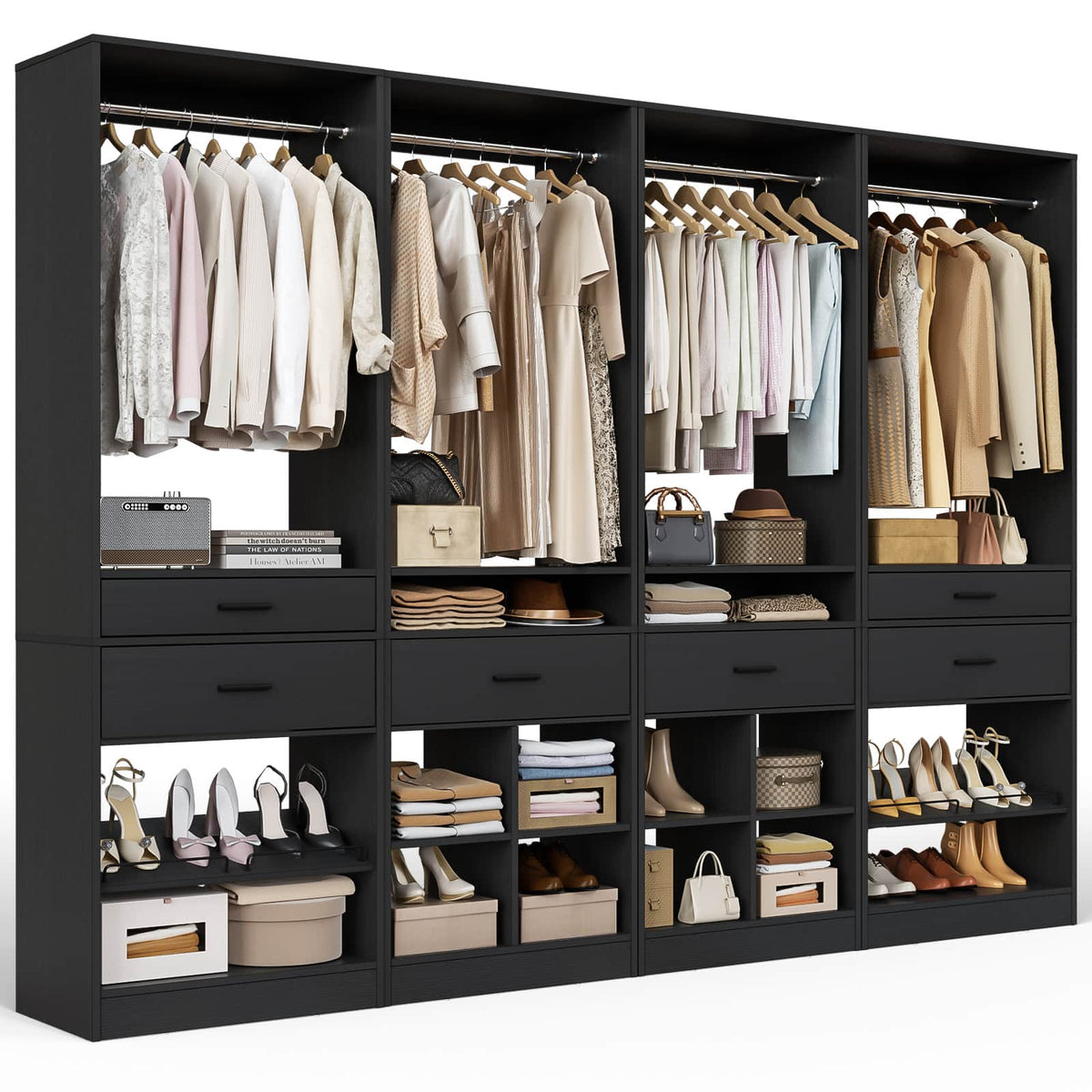 Closet System, 8.3FT Closet Organizer with 6 Wooden Drawers, Hanging Rods, Adjustable Shoe Rack and Cube Storage