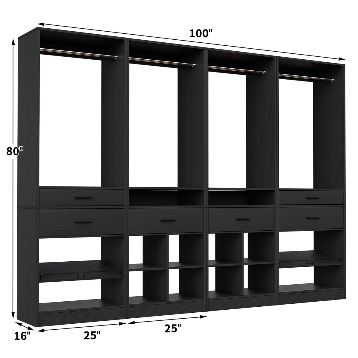 Closet System, 8.3FT Closet Organizer with 6 Wooden Drawers, Hanging Rods, Adjustable Shoe Rack and Cube Storage